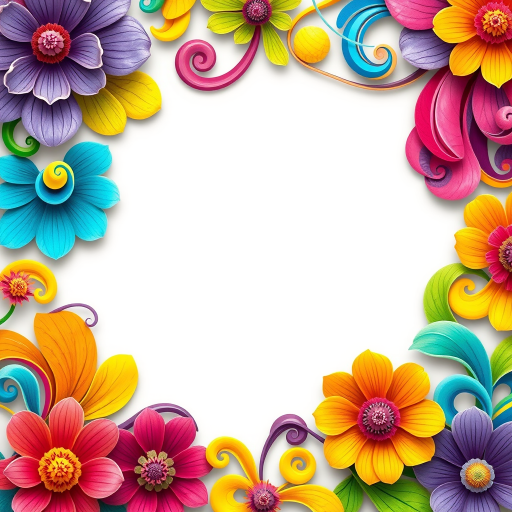 Create a vibrant floral border illustration with swirling colorful patterns around a blank central area, captured with a DSLR camera at f/8 aperture, ISO 100, 50mm lens, from a top-down view, using macro photography style for enhanced detail and clarity.