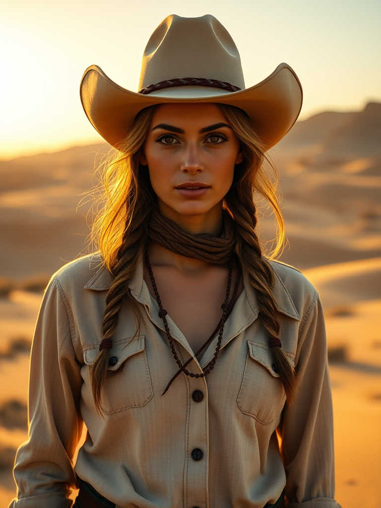 Dramatic photo of a beautiful Druze woman, classic cowboy attire, confident and free spirit expression, half-length portrait, centered, golden hour desert landscape, warm, diffused light, low angle, medium format film camera, in style of Annie Leibovitz.
