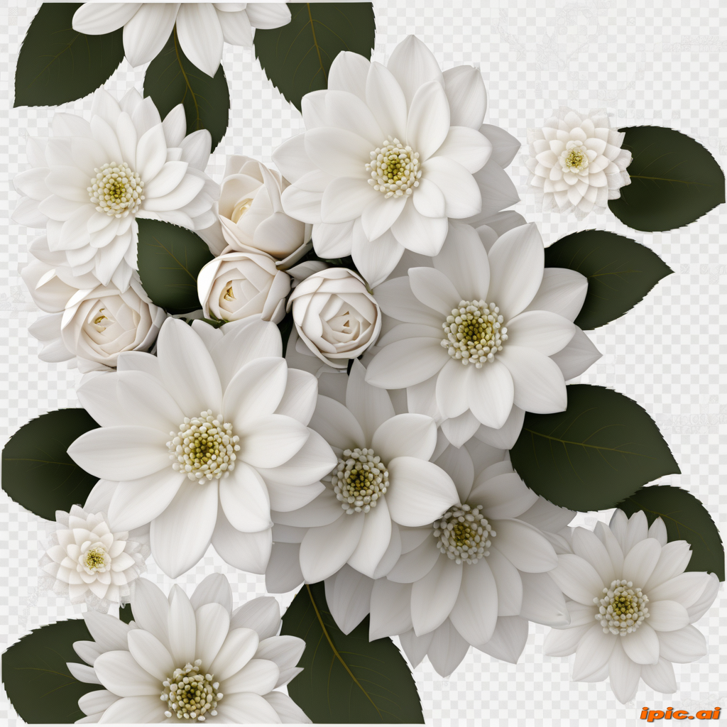 Beautiful Arrangement of White Flowers with Lush Green Leaves and Petals