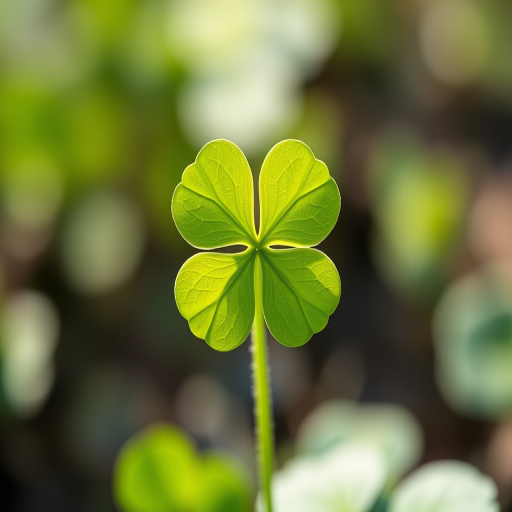Create a high-resolution image of a green four-leaf clover, captured with a 50mm lens at f/2.8, ISO 100, in natural light, using a DSLR camera with a shallow depth of field to emphasize the clover's texture and details.
