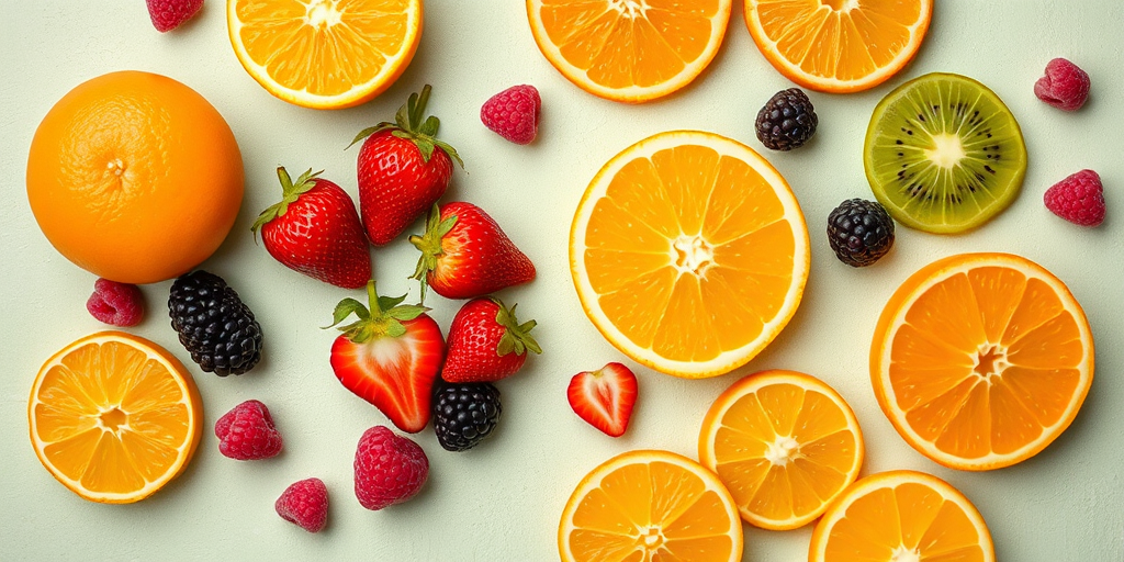 high-quality flat lay of assorted fruits including oranges, kiwis, strawberries, raspberries, and blackberries on a textured light green background, captured with a Canon EOS R5, 50mm lens, f/2.8 aperture, ISO 200, natural light, focus on vibrant colors and details of the fruit textures