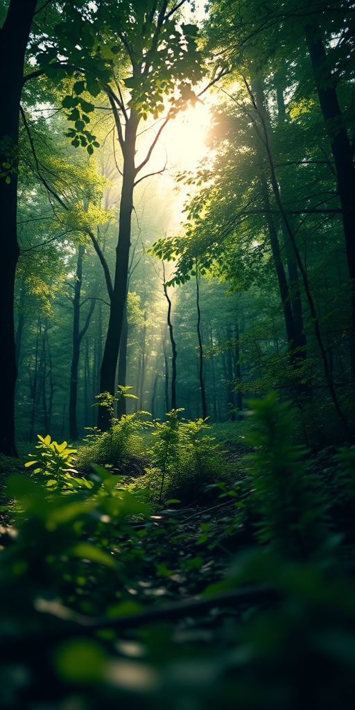 Generate a lush green forest scene bathed in soft, ethereal light with glowing particles, using a Canon EOS R5 camera, f/2.8 aperture, ISO 100, 24mm lens, shot from a low angle perspective to capture the undergrowth and maximize depth of field.