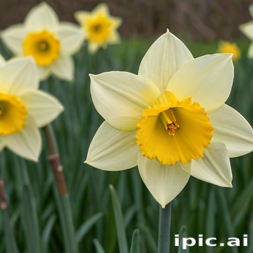 A Beautiful Field of Blooming Daffodils in Bright Yellow and Green.