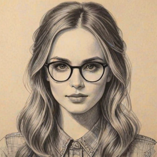 Enchanting Meaghan Martin, pencil sketch, portrait of Bewitching woman 1970s in glasses, hair style beatnik, outline, clear lines, fine lines, 8k