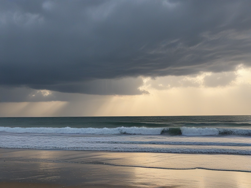 a raining day at the beach with the sun peaking through