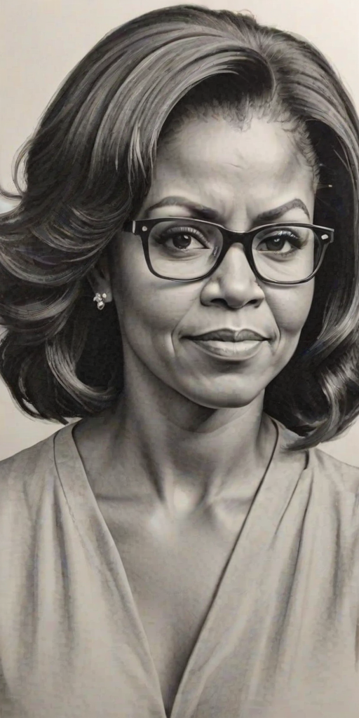 Charming Michelle Obama, pencil sketch, portrait of Superb woman 1953s in glasses, hair style beatnik, outline, clear lines, fine lines, 8k