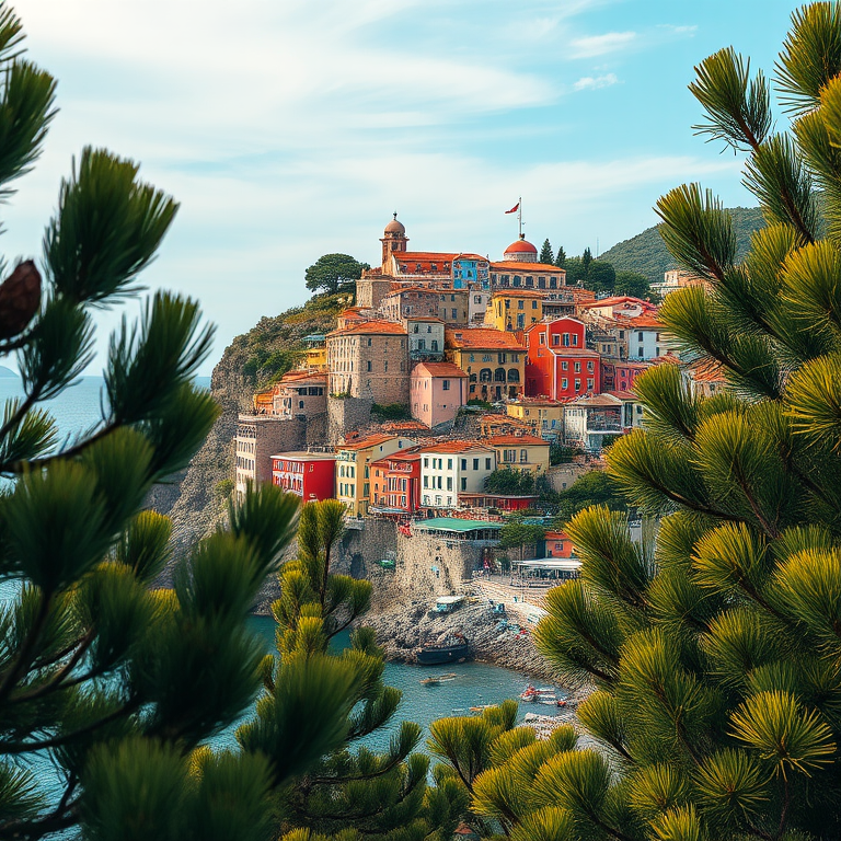 generate a vibrant landscape of a coastal town with colorful buildings on a hillside, framed by stylized pine trees in the foreground, captured with a Canon EOS R5 at f/8, ISO 100, 24mm, with a wide-angle view and high saturation for enhanced color quality