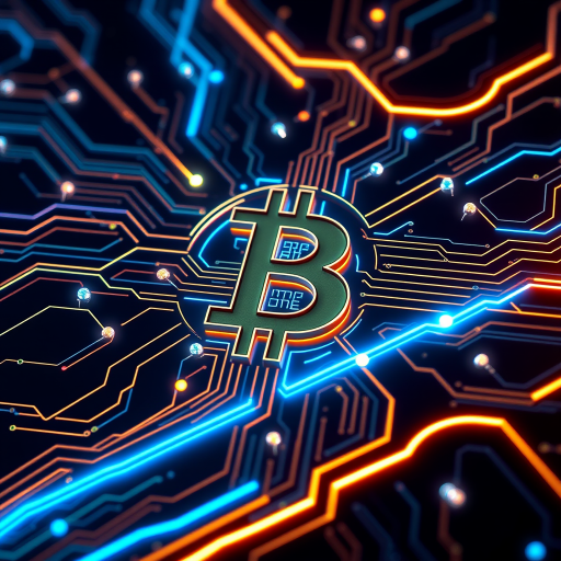 Imagine a Bitcoin symbol (₿) intricately designed as part of a futuristic, glowing circuit board. The ₿ is central, composed of metallic gold and silver lines, seamlessly blending into the web of circuits surrounding it. Blue and green LED-style lights trace through the circuits, making it look like Bitcoin is powering a digital network. The background is dark, with neon accents highlighting the tech vibe, symbolizing the digital and decentralized nature of Bitcoin