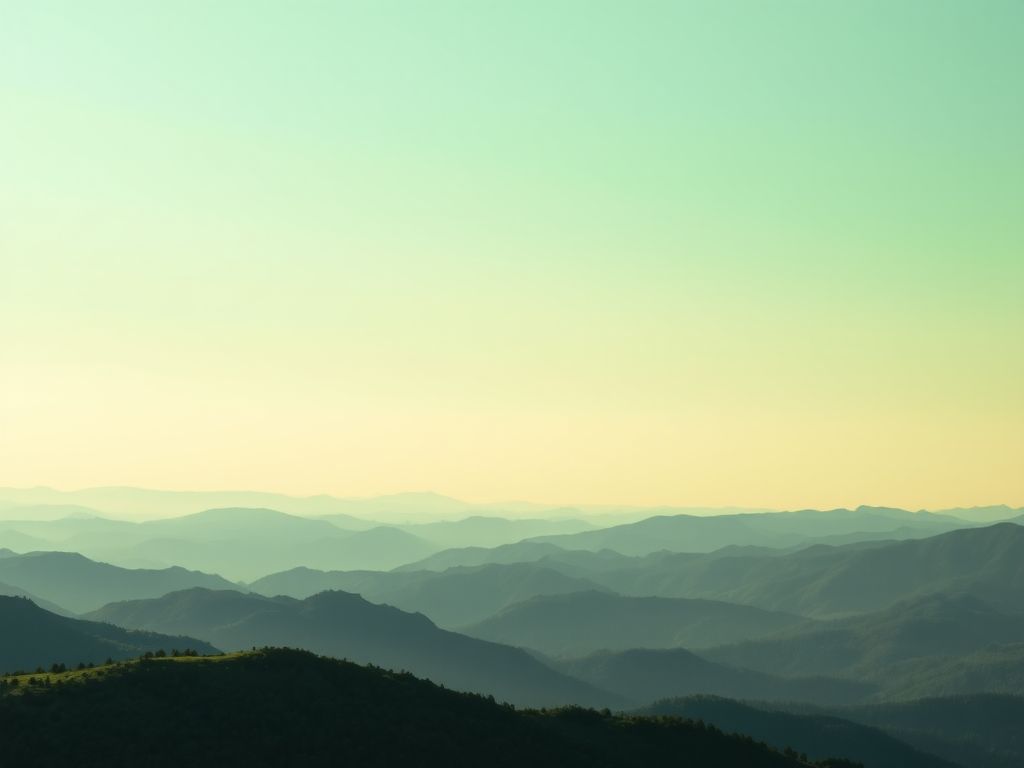 Generate a high-resolution landscape image of layered green mountains under a soft green sky with a focal length of 35mm, aperture set to f/8, ISO 100, using a DSLR camera style for enhanced detail and depth.