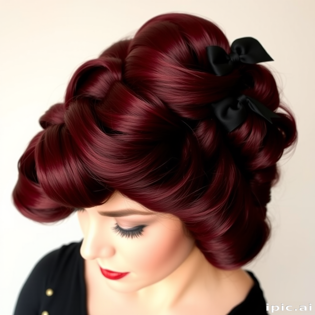 Lush burgundy locks styled in vintage pin-up victory rolls with black ribbon accents, exuding timeless glamour and sophistication named Velvet Vixen