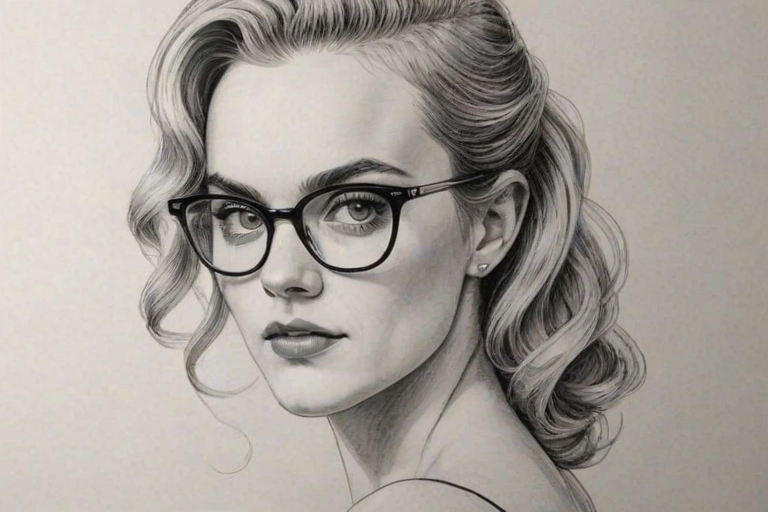 Comely Madeline Brewer, pencil sketch, portrait of Elegant woman 1953s in glasses, hair style beatnik, outline, clear lines, fine lines, 8k