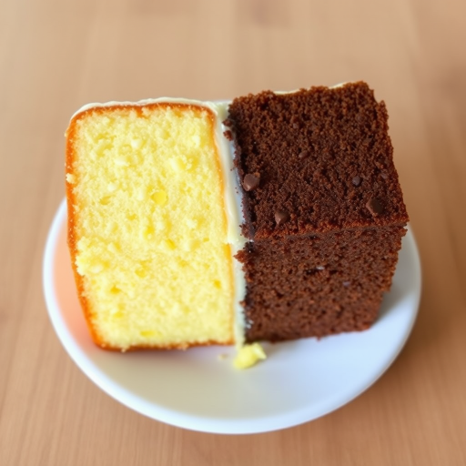 A slice of cake divided in half with one side yellow vanilla and the other side rich chocolate placed on a white plate with a wooden background