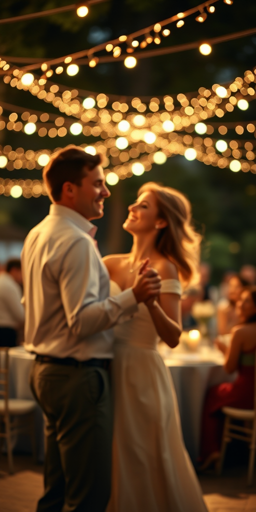 Blurry candid shot of a couple twirling under fairy lights at an outdoor wedding reception, soft golden light illuminating their smiles, with the blurred outlines of guests watching from nearby tables.
