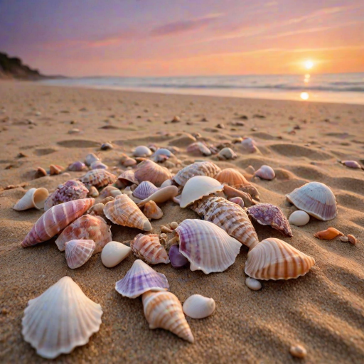 A cluster of intricately detailed seashells, varying in shape and size, rest on a bed of fine, golden sand on a picturesque English beach, with the camera positioned extremely close to capture the textures and patterns. The shells glimmer with a soft, ethereal light, showcasing their iridescent hues, while the surrounding sand appears warm and inviting. In the blurred background, the gentle lapping of the sea against the shore creates a sense of tranquility, as the vibrant colors of the ((sunset)) â oranges, pinks, and purples â meld together in a beautifully abstract bokeh, with the faintest hint of waves and seaside foliage. The overall atmosphere is one of serene intimacy, with the shells and sand taking center stage amidst the soft, warm glow of the fading day.