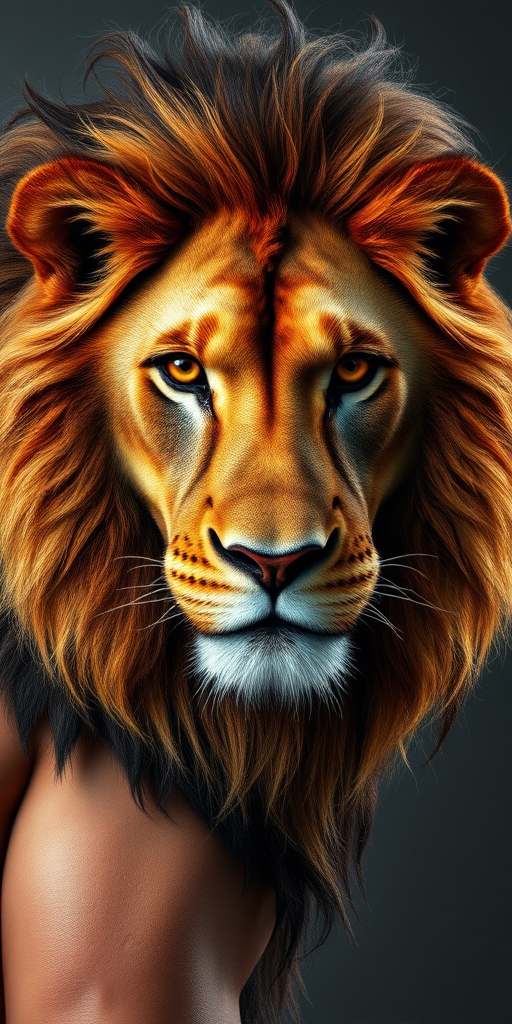 Hyper-realistic 3D lion portrait on bicep, mane seemingly alive with movement, piercing amber eyes gazing out, fine details in fur texture