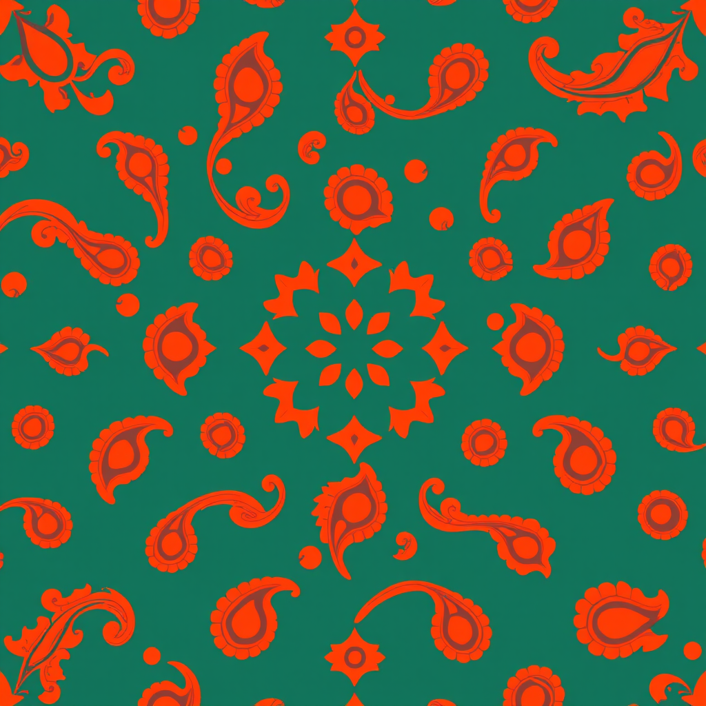 Create a vibrant orange and red paisley pattern background, camera settings: aperture f/2.8, shutter speed 1/125s, ISO 100, camera view: top-down, camera style: high-resolution digital art, camera type: DSLR.