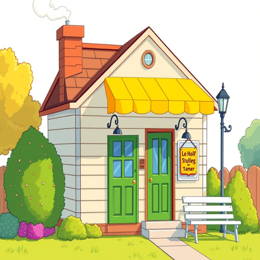 Create a vibrant illustration of a cartoon-style house with a yellow awning, a chimney emitting a small puff of smoke, a green door, a sign hanging from the door, a bush next to the house, a streetlamp, and a white bench nearby, using a 50mm lens, f/8 aperture, ISO 100, in a well-lit midday setting, capturing bright colors and clear details.