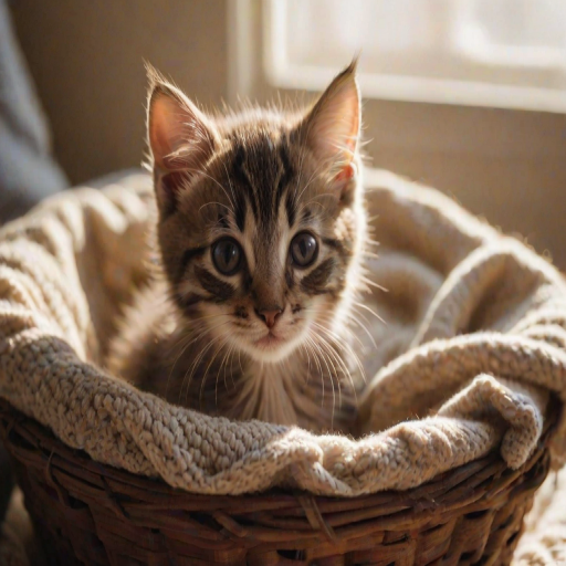 Softly focused photo of a kitten curled up in a basket of blankets, soft sunlight streaming through a nearby window, casting warm shadows on its tiny paws and whiskers.