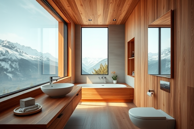 interior of a modern bathroom with wooden accents, large window with mountain view, minimalist design, sink on a wood countertop, natural light, f/8 aperture, ISO 200, 24mm lens, HDR photography, DSLR camera