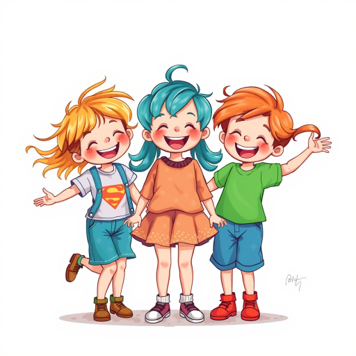 Create a vibrant illustration of three children playing joyfully, with colorful hair and clothes, on a textured white background, captured with a DSLR camera, 50mm lens, f/2.8 aperture, ISO 100, in natural lighting for enhanced color saturation.