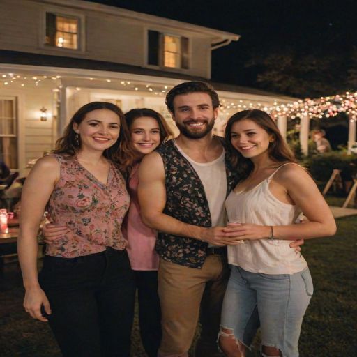 A candid full body shot photo of three friends enjoying an outdoor gathering at night, with soft artificial lighting creating a warm and cozy atmosphere; the image is sharp with vivid colors and a subtle color palette. The main subjects are two women and a man standing close together, smiling warmly at the camera. One woman, on the left, Caucasian, medium-length brown hair, and a playful smile, dressed in a light sleeveless top. The man in the middle, of Caucasian descent, has a large build with short black hair and a trimmed beard, wearing a dark floral-patterned shirt. The other woman, on the right, is Caucasian with fair skin and long blonde hair, wearing a pink cardigan over a white top. They are gathered around a table covered with drink bottles, hinting at a relaxed party atmosphere. The soft artificial lighting filters through the surrounding tree branches and colorful hanging decorations, casting gentle shadows that create a sense of intimacy. In the background, a white house while the glowing lights enhance the overall cozy and cheerful mood of the scene, emphasizing both the subjects and their surroundings
