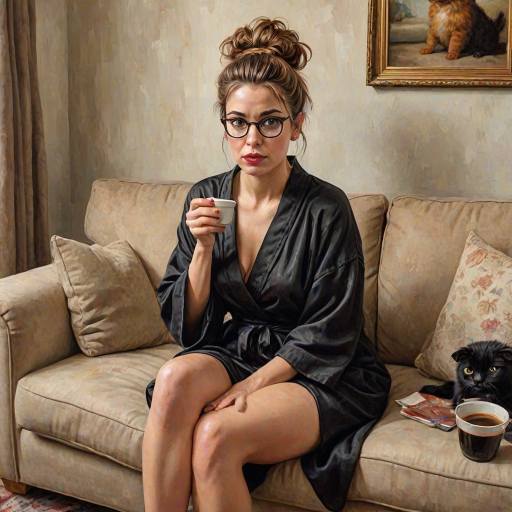 The words ‘Professional Overthinker’ (exact spelling) An exaggerated whimsical illustration of a cute silly lady with unruly messy brown bun and black glasses pouty lips and a thinking expression. Shes sitting on the couch, legs folded wearing a black silk robe, black fuzzy slippers. She’s holding her coffee cup and making a deep-in-thought face.  A quirky scruffy cat (dog) looking at her against a mottled, oil painting style soft background living room setting.