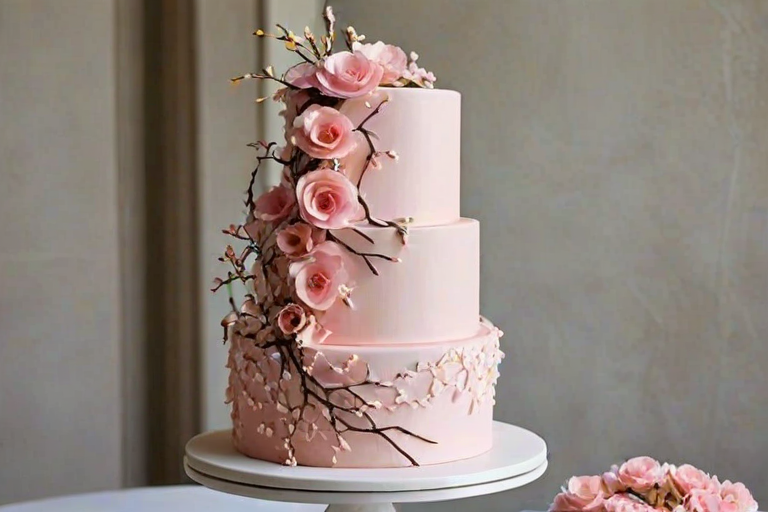 Create an elegant three-tiered cake with a smooth pink frosting. Incorporate delicate branches with blossoms cascading down the sides, featuring soft pink and white flowers. The cake should have a refined appearance, with a clean base and an intricate floral design that adds a touch of sophistication.