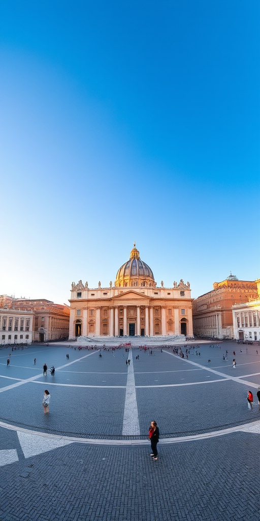 capture a panoramic view of St. Peter's Square in Vatican City under clear blue skies during golden hour, using a full-frame DSLR, 24mm lens at f/8, ISO 100, 1/250s for enhanced clarity and depth