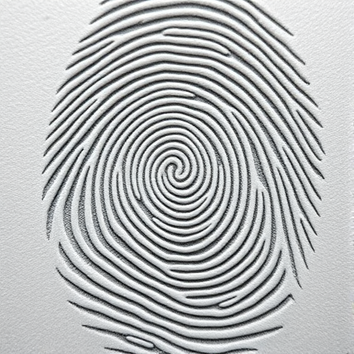 Create a high-resolution image of a fingerprint with detailed ridge patterns, macro lens, f-stop 2.8, ISO 100, 100mm focal length, flat lay perspective, DSLR camera.