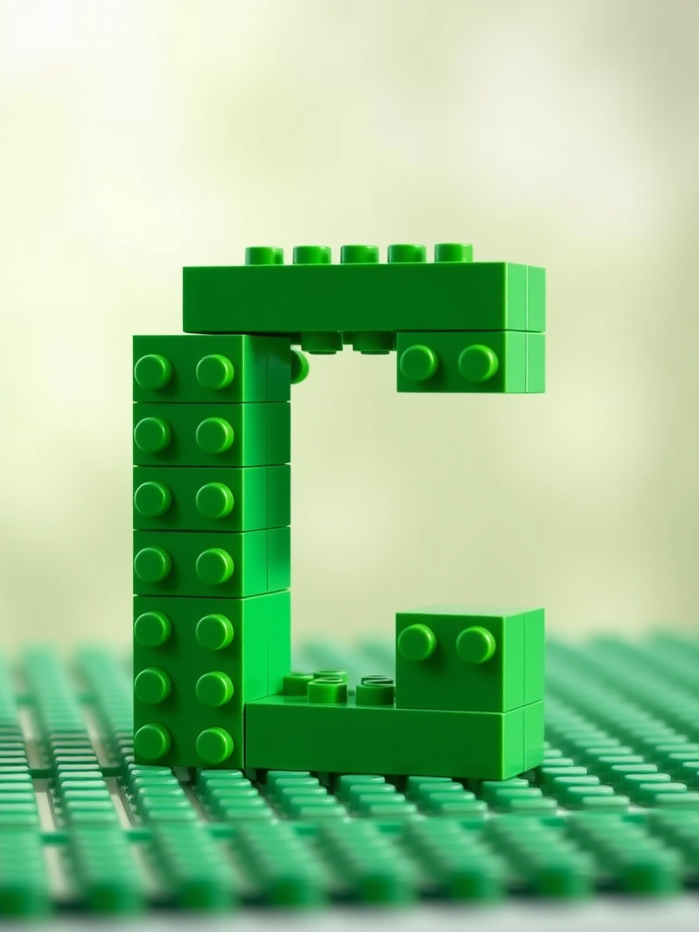 Create a high-resolution image of a 3D green LEGO structure shaped like the letter "C" with a soft focus background, using a Canon EOS R5 at f/8, ISO 100, 50mm lens, with a slight top-down angle to enhance depth.