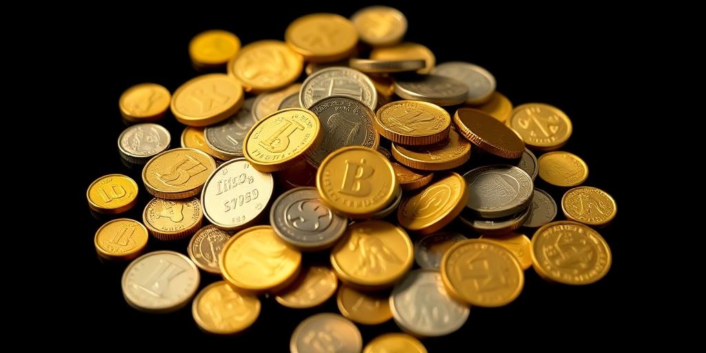 create a detailed illustration of a pile of coins in various shades of yellow and green on a black background, shot with a Canon EOS R5 at f/8, ISO 100, with a 50mm lens, using a macro view to enhance texture and depth, in natural soft lighting for optimal color contrast