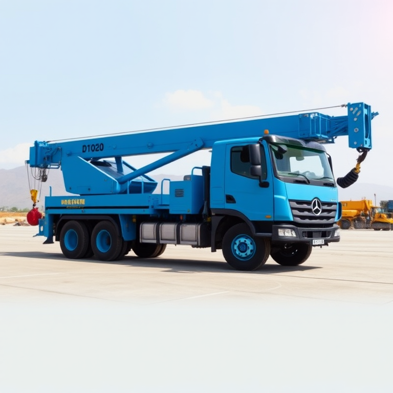 Generate a high-resolution image of a blue crane truck, side view, with a focus on details and textures, using a 50mm lens at f/8 aperture, ISO 200, with natural lighting, on a DSLR camera.