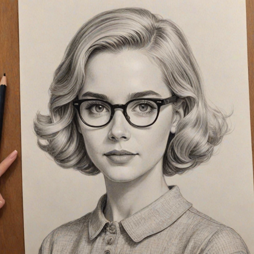 Dazzling McKenna Grace, pencil sketch, portrait of Magnificent woman 1957s in glasses, hair style beatnik, outline, clear lines, fine lines, 8k