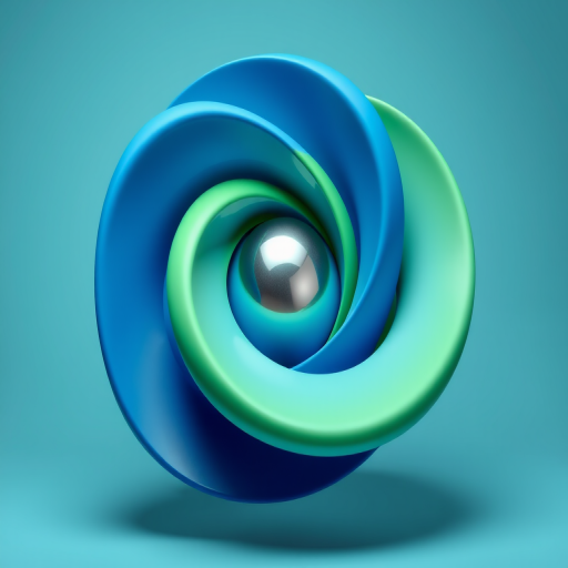 Create a 3D abstract design featuring overlapping smooth shapes in shades of blue and green, with a shiny silver core, soft shadows, and a gradient background, captured using a DSLR camera at f/8 aperture, ISO 100, 50mm lens, in a studio lighting setup.