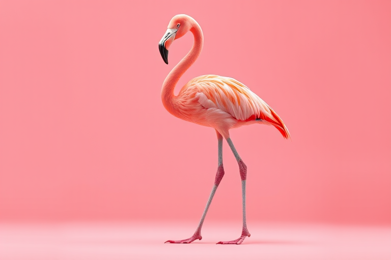 Create a high-resolution digital illustration of a pink flamingo standing on one leg, captured from a slightly low angle to enhance its stature, using a Canon EOS 5D Mark IV with a 50mm lens, aperture set to f/2.8 for a shallow depth of field, and a soft, diffused lighting setup to highlight the vibrant colors and textures.