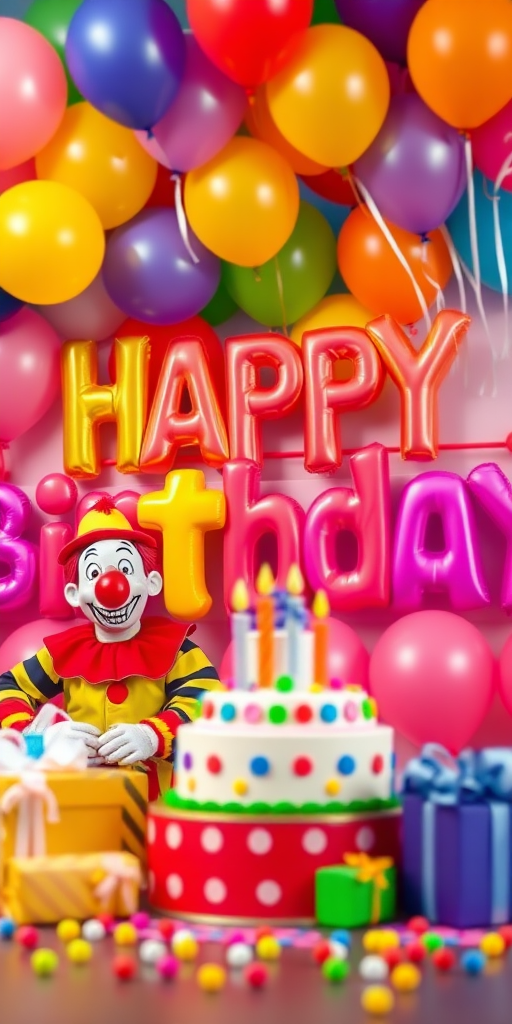Create a vibrant birthday celebration image with colorful balloons in the background, featuring large, bold "Happy Birthday" letters, a clown, birthday cake, and gifts, captured with a DSLR camera at f/2.8 aperture, ISO 100, 35mm focal length, in a shallow depth of field for a soft bokeh effect.