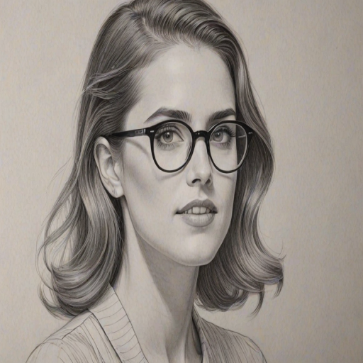 Wonderful Allison Williams, pencil sketch, portrait of Enticing woman 1936s in glasses, hair style beatnik, outline, clear lines, fine lines, 8k
