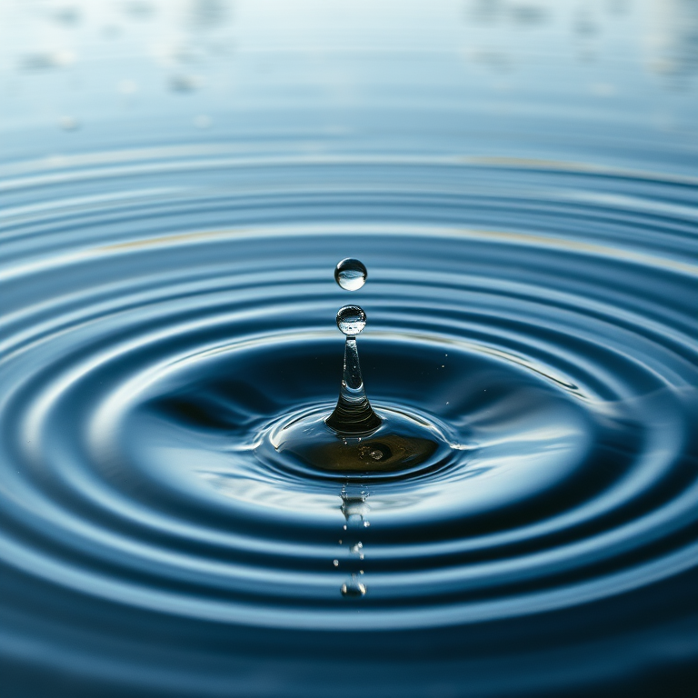 Capture a high-resolution image of a water droplet creating ripples in a serene lake, using a DSLR camera with a 50mm lens at f/2.8, shutter speed 1/1000s, ISO 200, in natural light, from a low angle to emphasize the splash and ripples in the foreground.