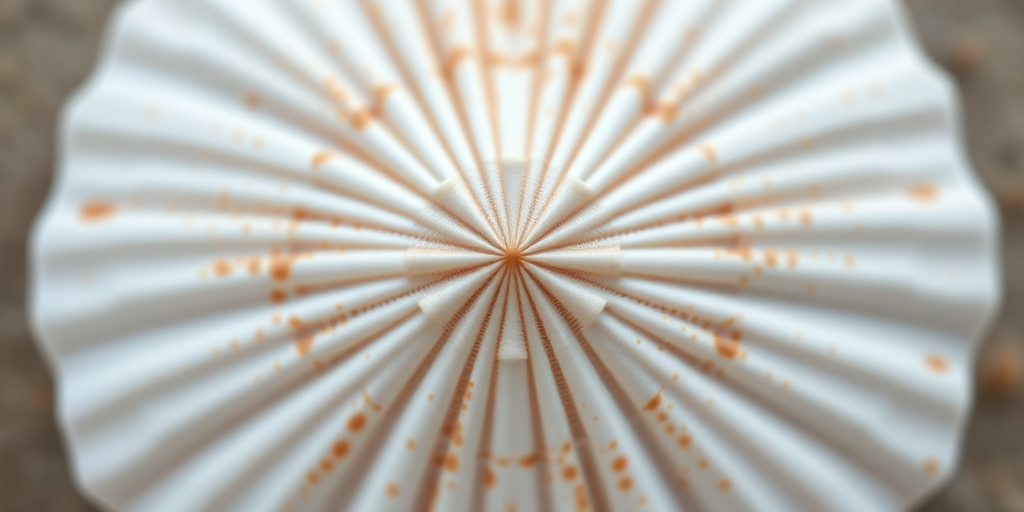 Create a high-resolution image of a symmetrical seashell design with intricate details and smooth lines, using a Nikon D850 camera, a 50mm f/1.8 lens, ISO 200, aperture f/4, shutter speed 1/125 sec, natural light, and a soft-focus background for a dreamy effect.