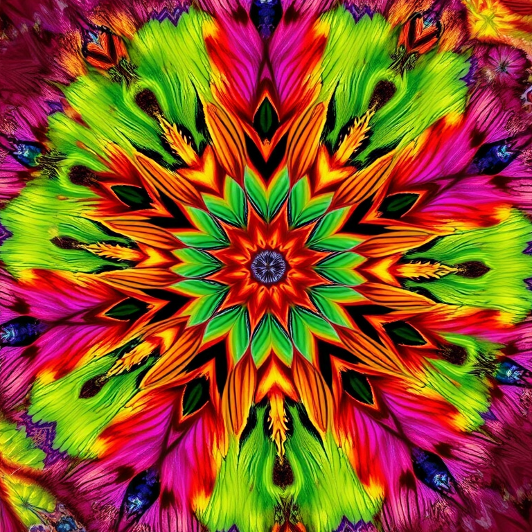 Generate a vibrant abstract floral pattern with intricate details and a kaleidoscopic effect, shot with a Canon EOS R5 at f/4, ISO 100, 1/200s, top-down view, in macro photography style.