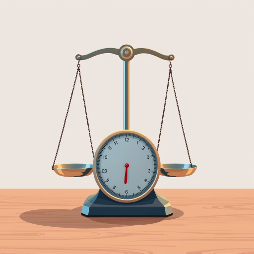 Create a high-resolution vector graphic of a balance scale, 50mm lens, f/8 aperture, ISO 100, center composition, soft lighting, digital illustration style.