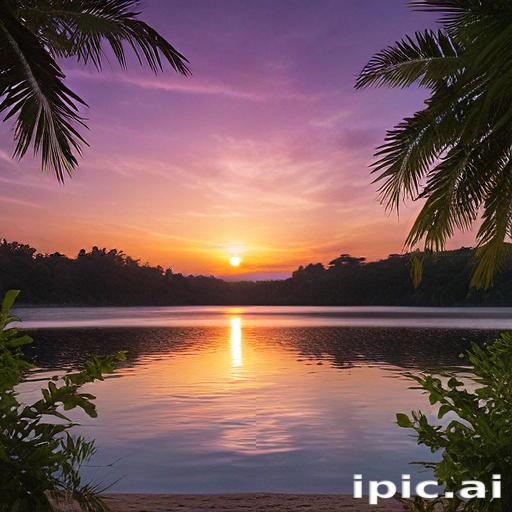 Tranquil Sunset Over Serene Lake Surrounded by Lush Tropical Vegetation