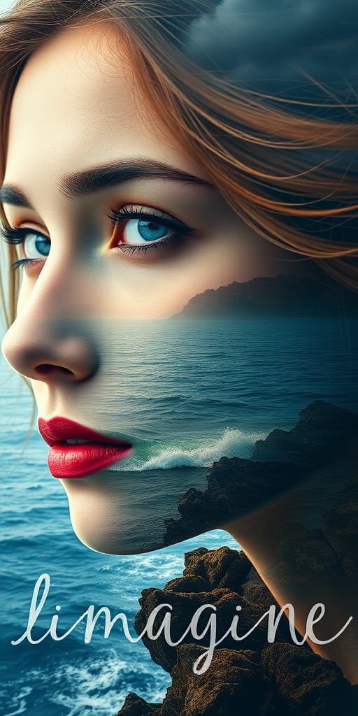 imagine Book cover, A surreal double exposure portrait that blends a woman's face with a beautiful seascape. The overall mood is dreamy and mystical, with rich colors and intricate details