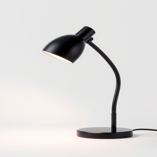 Create a high-resolution image of a sleek black desk lamp with a flexible neck and a glossy shade, set against a plain background, using a DSLR camera, 50mm lens, aperture f/2.8, ISO 100, soft lighting to enhance reflections and details.