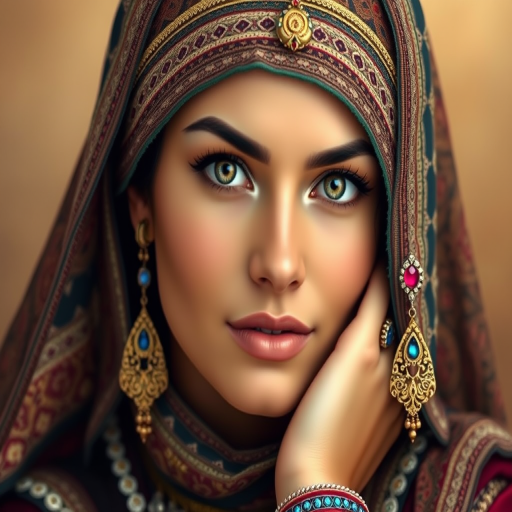 Create a portrait of a beautiful Middle Eastern woman with striking brown eyes and a gentle expression. She is adorned in traditional attire with intricate patterns, including a richly embroidered headscarf and matching garments. Her jewelry includes a delicate headpiece, dangling earrings, and ornate bracelets, all featuring vibrant gemstones and detailed metalwork. The background is soft and warm, enhancing the rich colors of her outfit and jewelry.