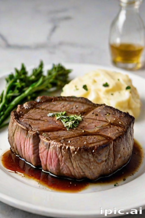 Create an image of a perfectly seared ribeye steak, resting on a white plate with a pat of melting butter on top. The steak is seasoned with fresh herbs like thyme and parsley, with glistening juices highlighting the texture of the meat. The background features a soft focus on a light, marble countertop, with a small dish of butter and an olive oil bottle in the distance. The overall mood should be warm and inviting, capturing the deliciousness and juiciness of the steak.