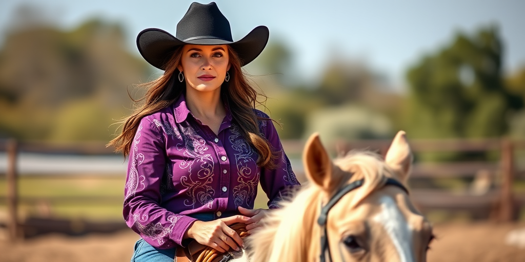 regenerate an image of a woman riding a horse, wearing a purple ornate western shirt and a black cowboy hat, captured from a slightly elevated angle, using a DSLR camera, f/2.8 aperture, 1/500 shutter speed, ISO 200, natural lighting for enhanced clarity