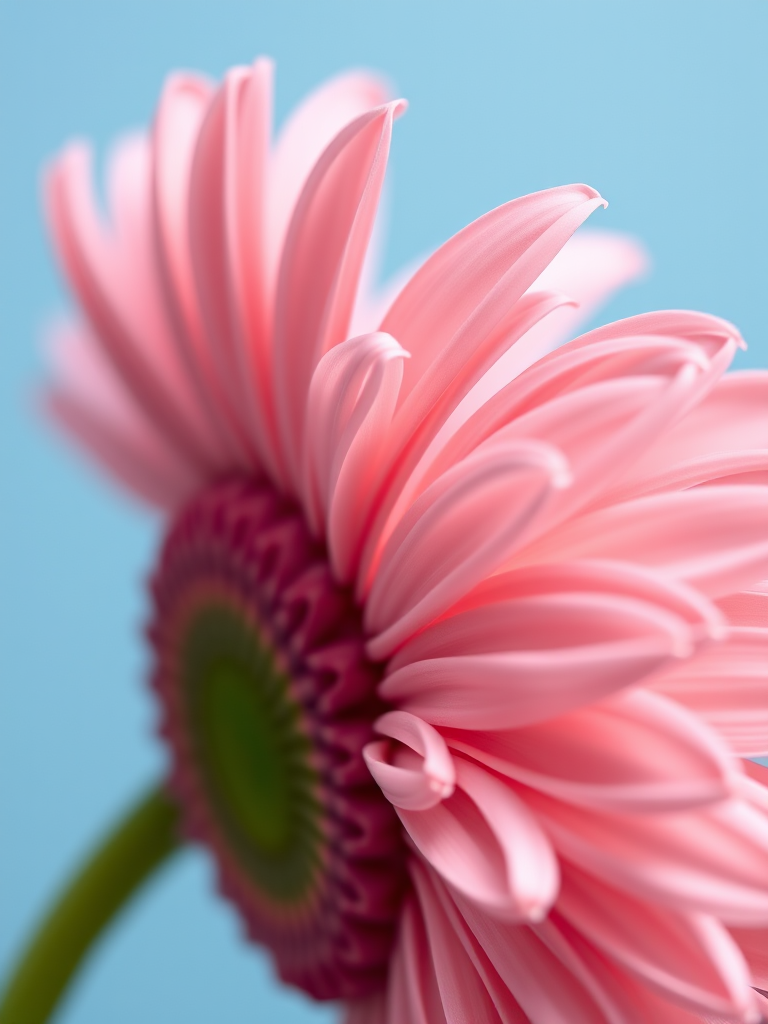 Close-up of a delicate pink gerbera daisy against a soft blue background, using a DSLR camera with a 100mm macro lens, aperture f/2.8, ISO 100, shutter speed 1/200s, natural light for depth and detail.
