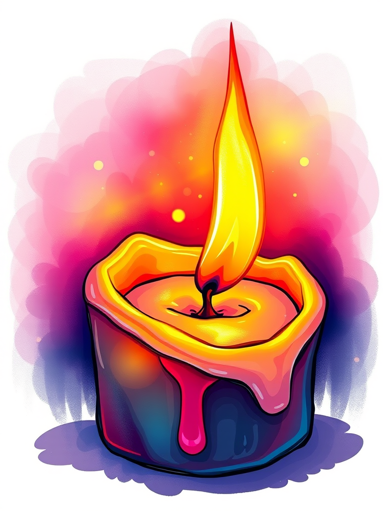 create a vibrant illustration of a candle with a flickering flame, detailed texture and colors, with a warm glow effect using a DSLR camera at f/2.8 aperture, 50mm lens, high ISO 100, in a close-up view to enhance focus and clarity