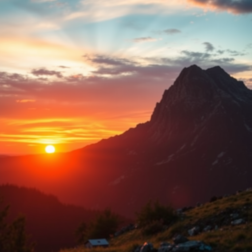 Create an image of a serene mountain landscape during sunrise with vibrant colors, using a DSLR camera, 24mm lens, f/8 aperture, ISO 100, and soft focus to enhance depth.